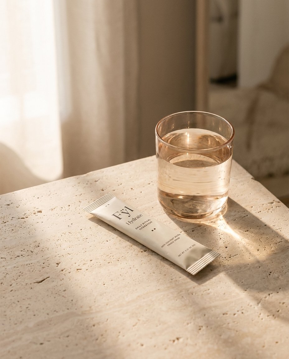 A single Fÿl Hydrate stick lying next to a clear glass of water on a soft travertine surface in warm morning light