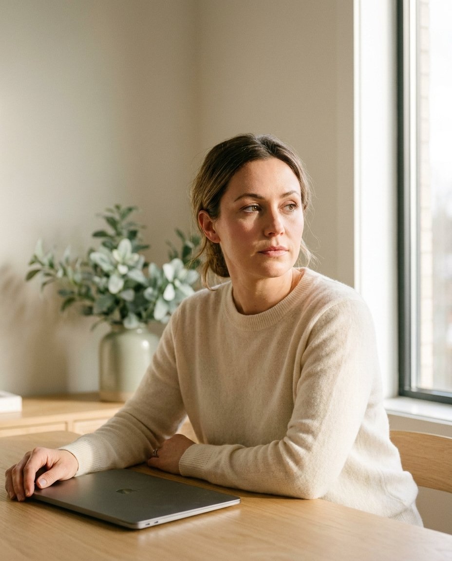 A woman in a soft cream sweater at a desk, mid-afternoon light, looking slightly tired but composed