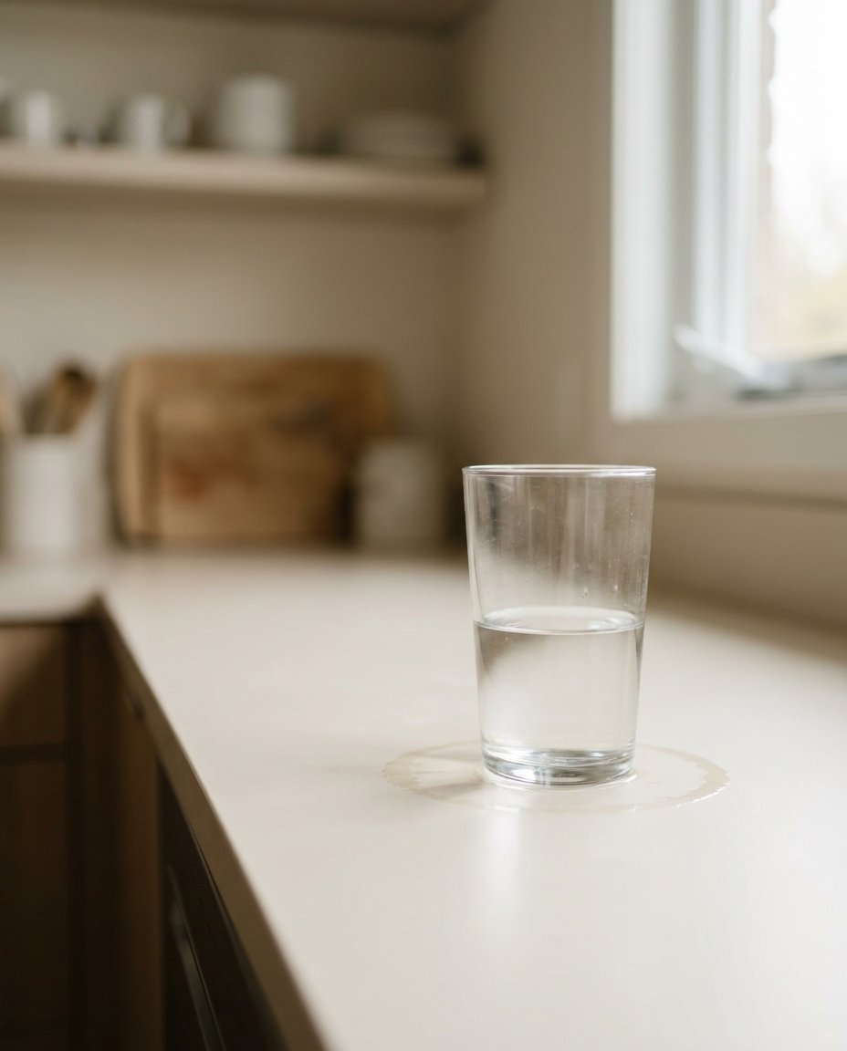 A half-full glass of water on a kitchen counter, slightly out of focus, like it's been forgotten