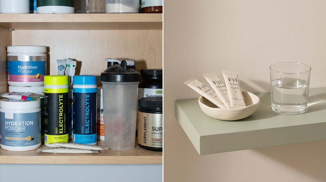 A messy shelf of hydration powders and supplements on the left, contrasted against a clean Fÿl Hydrate setup on the right
