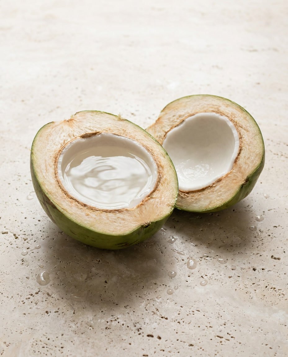A fresh young coconut split open, water inside, on a stone surface — clean and natural