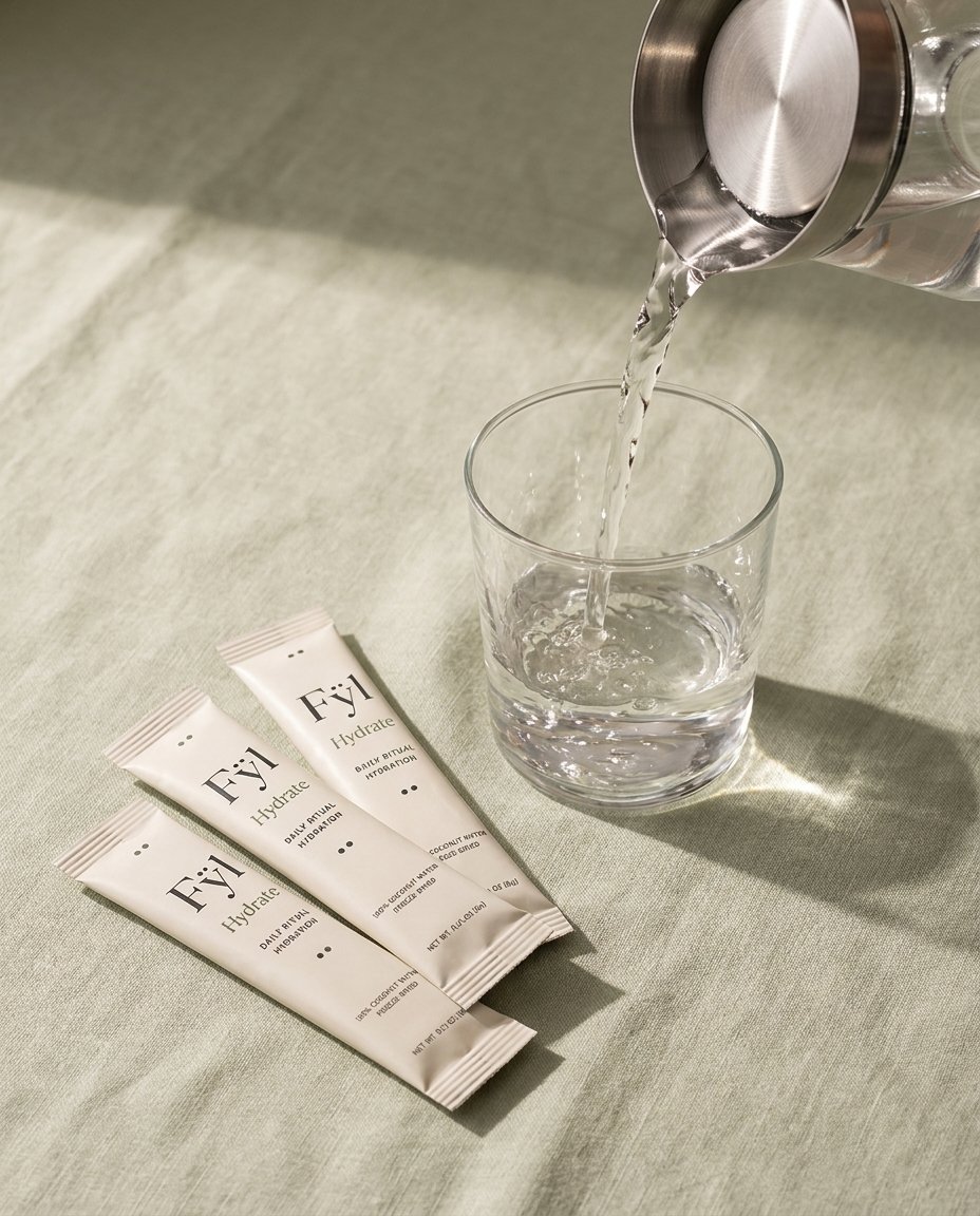 Three Fÿl Hydrate sticks fanned out on a soft sage linen surface next to a clear glass tumbler with water pouring in
