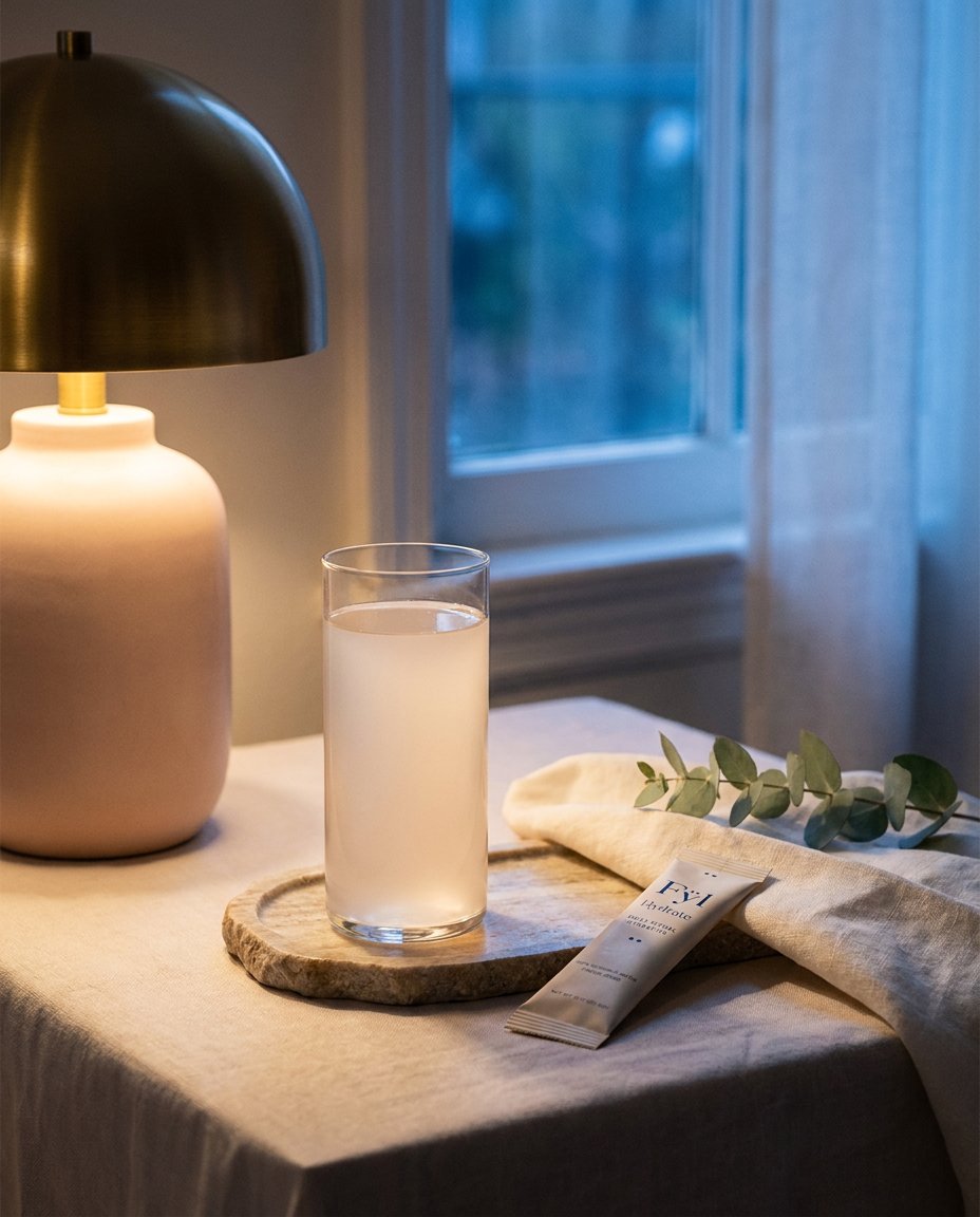A bedside scene with a tall clear glass of Fÿl Hydrate, a Fÿl stick on a stone tray, eucalyptus, and soft lamplight