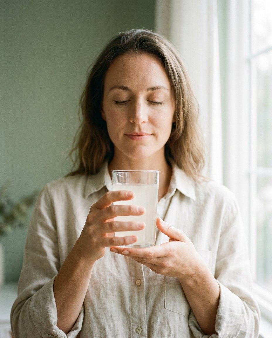 A woman holding a clear glass of Fÿl Hydrate, soft natural light, eyes closed in a quiet moment of self-care